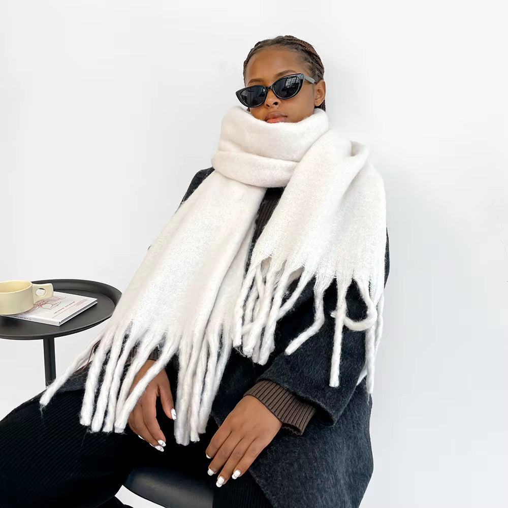American Style Women'S Solid Color Fringe Scarf Winter Warm Scarves Long Solid Color Plain Style 40*210CM(15.8*82.7 Inch)