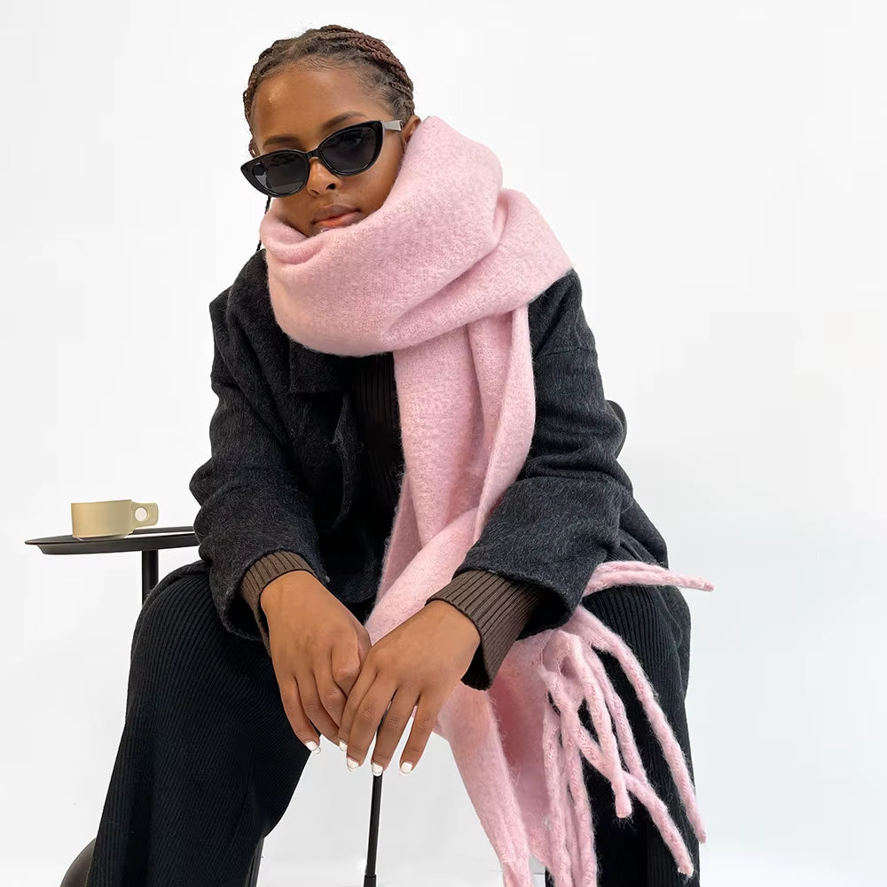 American Style Women'S Solid Color Fringe Scarf Winter Warm Scarves Long Solid Color Plain Style 40*210CM(15.8*82.7 Inch)