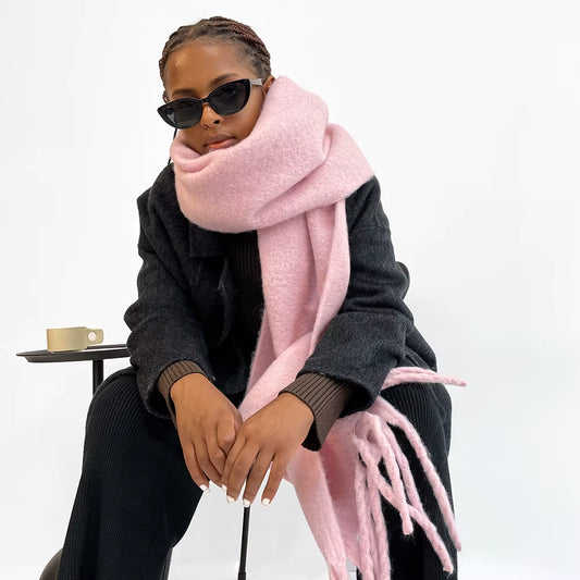 American Style Women'S Solid Color Fringe Scarf Winter Warm Scarves Long Solid Color Plain Style 40*210CM(15.8*82.7 Inch)
